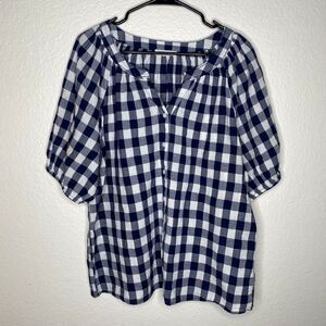 Beach lunch lounge button down blouse top puff sleeve gingham picnic cottage L